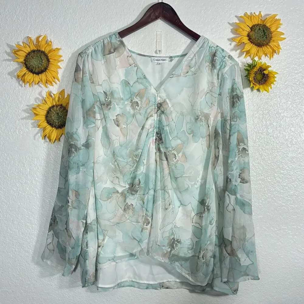 Calvin Klein Water Color Floral Lightweight Blouse Plus Size 2X Women’s